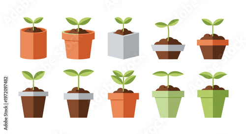 Ten identical green sprouts emerge from dark soil within a variety of geometric pots arranged in two perfectly symmetrical rows on a white background.