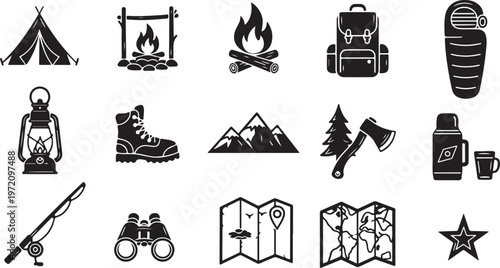 Camping and outdoor adventure icons and symbols illustration set