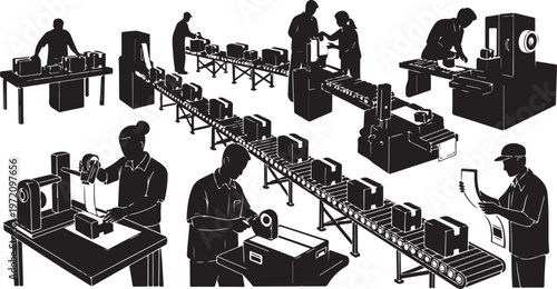 Industrial workers on a factory assembly line production process