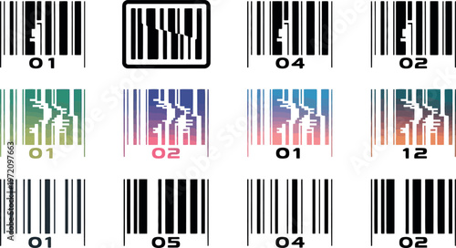 Collection of various barcode labels with numbers and colorful designs side by side