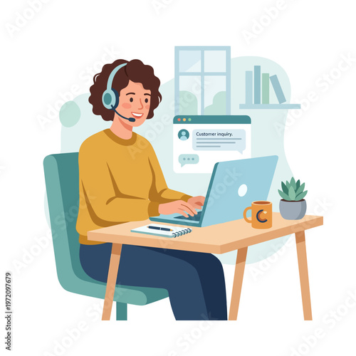 Woman in headset working on laptop, providing online customer support.