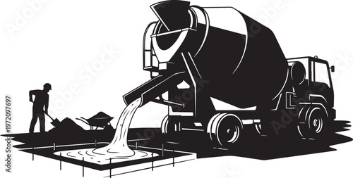 Cement mixer pouring concrete on construction site with worker