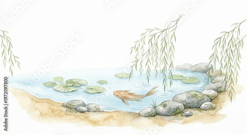 PNG cut out isolated background. A peaceful and minimalist hand-drawn style digital watercolor illustration of a zen-like garden pond.