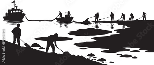 Silhouette of people fishing on the shore and boats