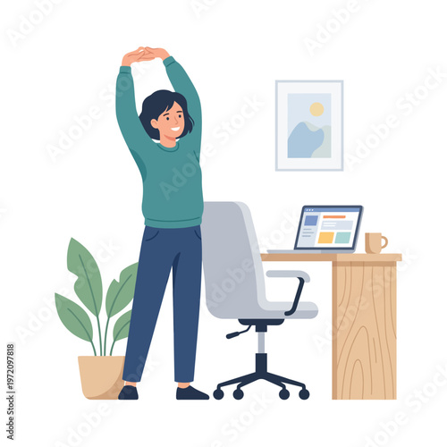 Woman stretching arms above head, taking a break from work.