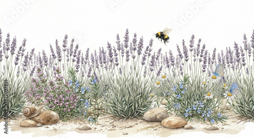 Digital watercolor illustration of lavender herb garden border with bumblebee butterflies and snail