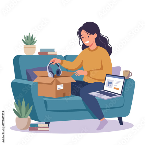 Woman unboxing headphones after online shopping delivery.