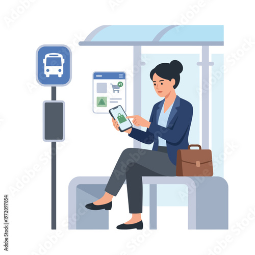 Woman using smartphone at bus stop.