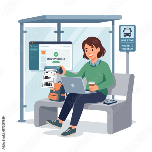 Woman using laptop and credit card at bus stop for online payment.