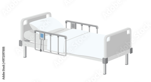 An isolated grey and white adjustable hospital bed features protective side rails and a small integrated digital control panel for patient comfort.
