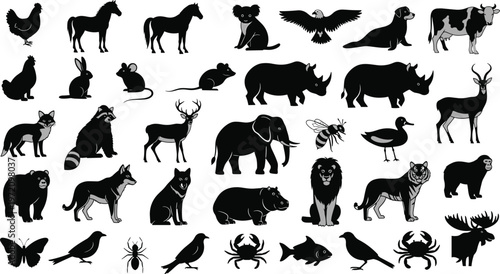 Animal silhouettes set with diverse wild and domestic species including mammals, birds and insects isolated on white background for wildlife, fauna and nature concepts