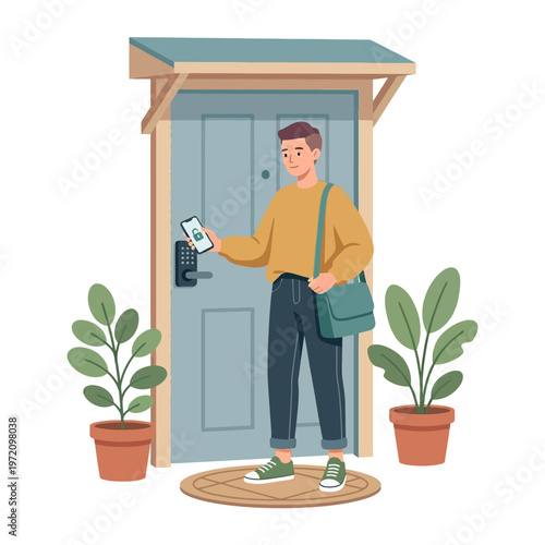 Young man using smartphone to unlock smart door lock.