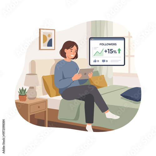 Young woman checking social media followers on tablet in bedroom.