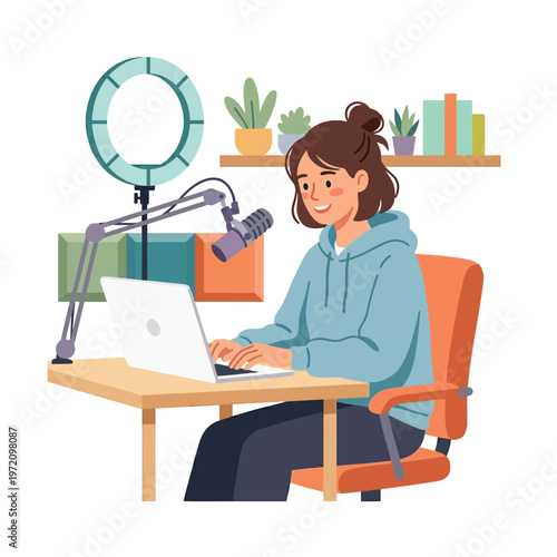 Young woman creating content at home studio setup.