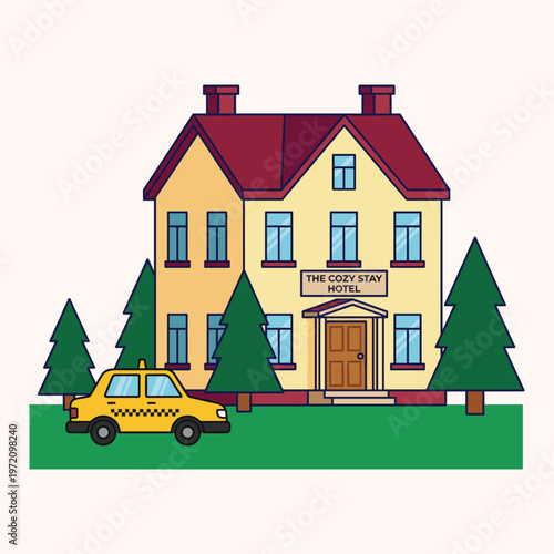 Cozy hotel building with a yellow *taxi* cab illustration. Ideal for travel and accommodation themes in flat design