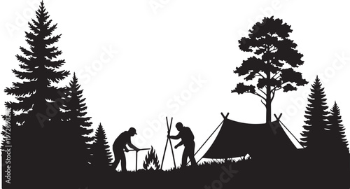 Camping in the woods with friends and a tent