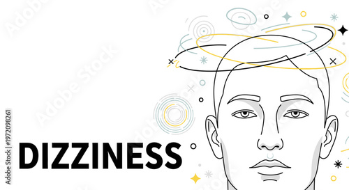 Dizziness and vertigo concept illustration. Line art of a person with spinning circles and stars around head. Vector metaphor for headache, confusion, migraine, or mental disorientation.