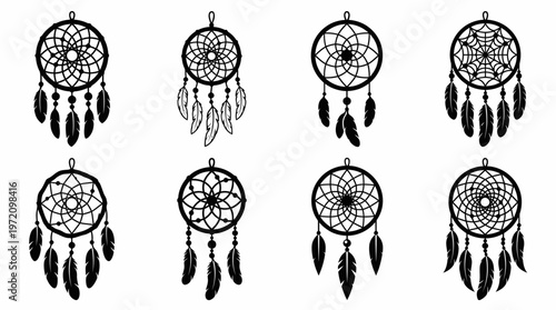 Dreamcatcher icons collection showing circular web feather variations silhouette illustration cultural protection design concept