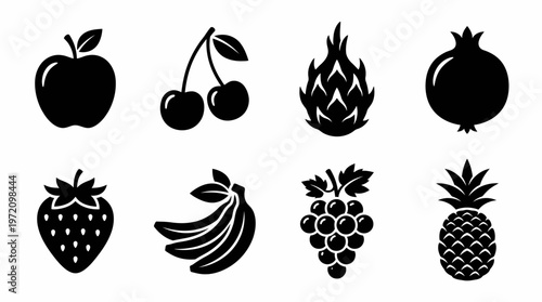 Fruit icons collection showing apple cherries dragon fruit pomegranate strawberry bananas grapes pineapple silhouette illustration design concept