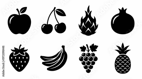 Fruit icons collection showing apple cherries dragon fruit pomegranate strawberry bananas grapes pineapple silhouette illustration design concept