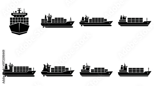 Cargo ship silhouettes collection featuring container vessels, maritime transport icons, and shipping designs for logistics, trade, and global commerce