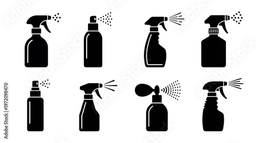Spray bottle silhouettes collection featuring trigger, pump, and atomizer designs for cleaning products, cosmetics, fragrances, and household use