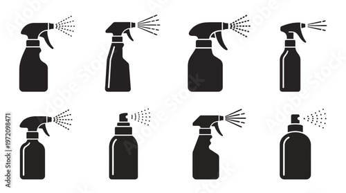 Spray bottle silhouettes collection featuring trigger, pump, and atomizer designs for cleaning products, cosmetics, fragrances, and household use
