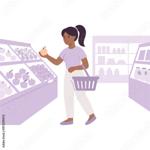 A woman shops for food in a grocery store with a basket.