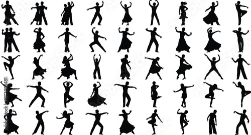 Dance silhouettes collection with men and women performing various poses isolated on white background for performance, movement, choreography and artistic expression concepts