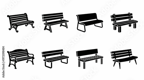 Park bench silhouettes collection showcasing ornate, decorative, minimalist, and modern designs for outdoor furniture, urban spaces, and landscape architecture