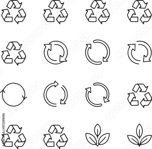 Variations of recycling and nature symbols in different styles and orientations