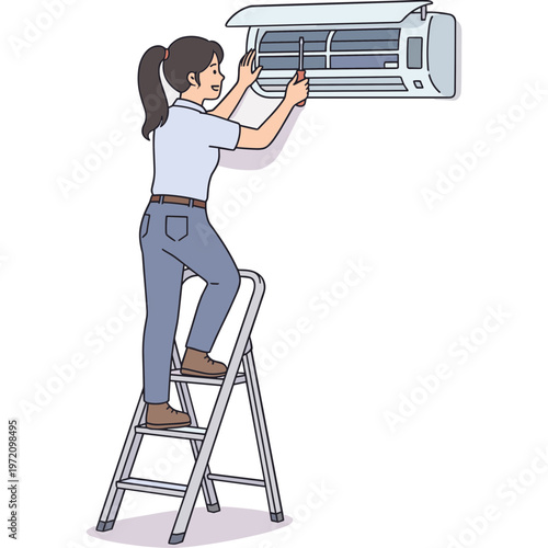 Woman on a ladder repairing an air conditioning unit indoors.