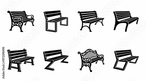 Park bench silhouettes collection showcasing ornate, decorative, minimalist, and modern designs for outdoor furniture, urban spaces, and landscape architecture