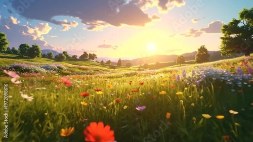A vibrant meadow bathed in the warm glow of the setting sun, a picturesque landscape.