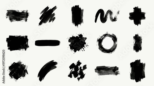 Brush stroke icons collection showing ink texture variations artistic marks abstract design expressive illustration concept