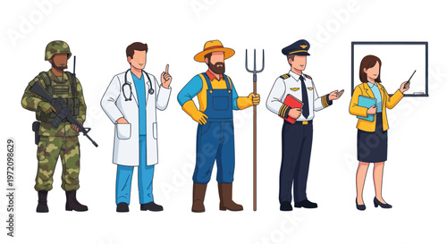 Diverse Professions: Soldier, Doctor, Farmer, Pilot, Teacher - Career Icons