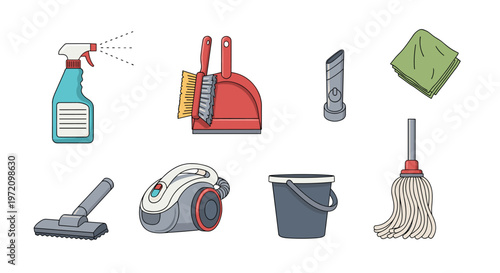A comprehensive set of essential household cleaning supplies like a red dustpan and a blue spray bottle are displayed across a pristine white background.