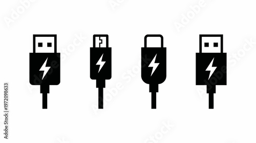   
Charging cable icons collection showing USB-A, USB-C, Micro-USB, Lightning connector silhouettes with lightning bolt power symbol