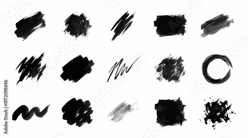 Brush stroke icons collection showing ink texture variations artistic marks abstract design expressive illustration concept