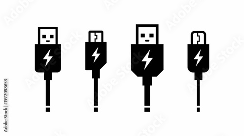   
Charging cable icons collection showing USB-A, USB-C, Micro-USB, Lightning connector silhouettes with lightning bolt power symbol