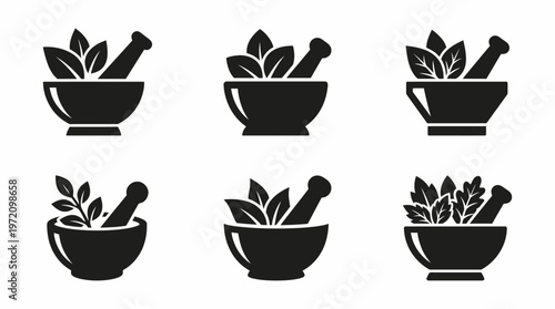 Mortar and pestle icons collection showing herbal medicine leaves natural remedy preparation silhouette illustration culinary concept
