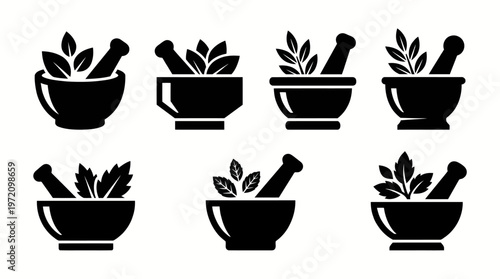 Mortar and pestle icons collection showing herbal medicine leaves natural remedy preparation silhouette illustration culinary concept