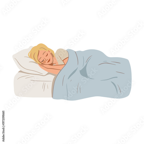 Woman sleeps peacefully on pillow covered with blanket in bed