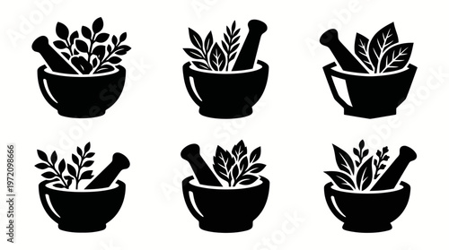 Mortar and pestle icons collection showing herbal medicine leaves natural remedy preparation silhouette illustration culinary concept