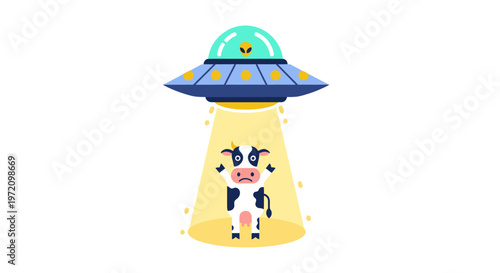 Funny cartoon cow abducted by alien UFO spaceship in bright yellow beam of light