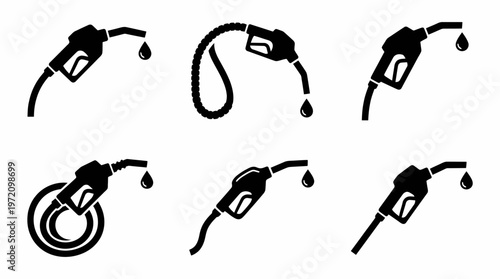   
Fuel pump nozzle icons collection showing silhouette variations with droplet energy dispensing gas station equipment illustration concept