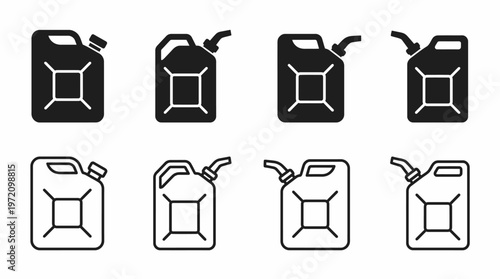 Fuel can icons collection showing silhouette and outline variations energy storage gasoline container design graphic illustration concept