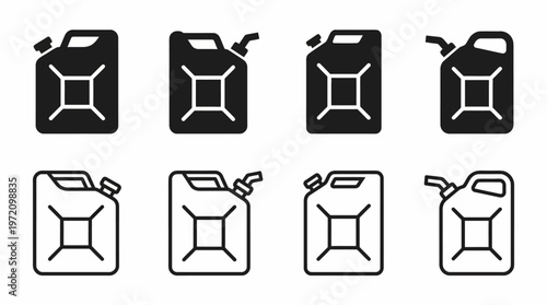 Fuel can icons collection showing silhouette and outline variations energy storage gasoline container design graphic illustration concept