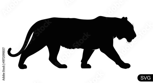 Black Silhouette of a Walking Tiger on White Background