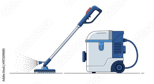 A heavy-duty industrial vacuum cleaner with a blue and white canister body stands ready with its long metal extension wand on a clean white background.